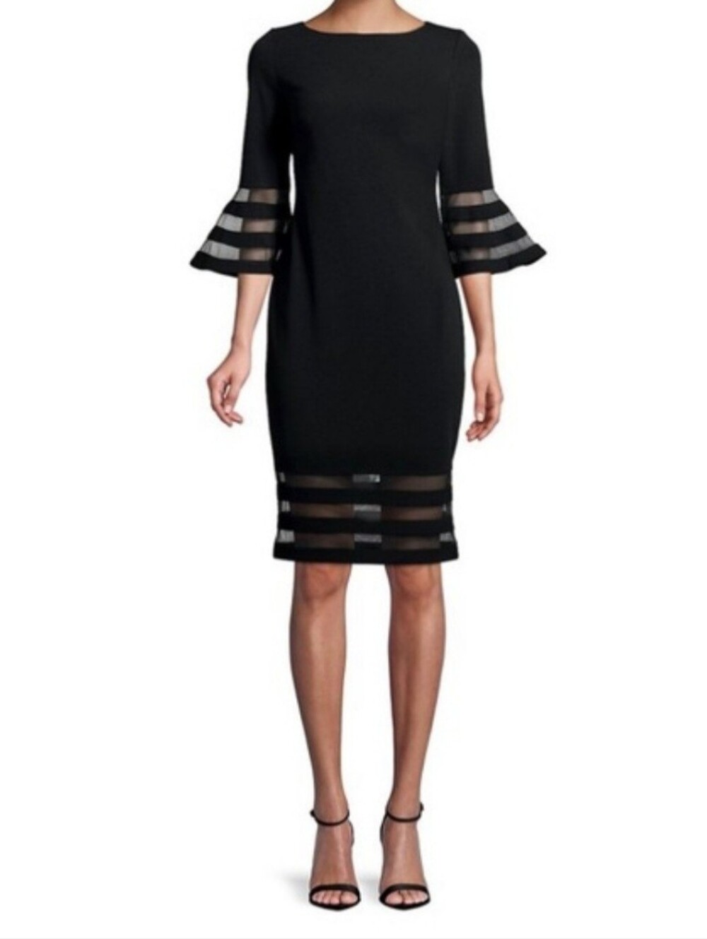 Calvin Klein Black Sheer-Strip Bell Sleeve Midi Dress,Size 12